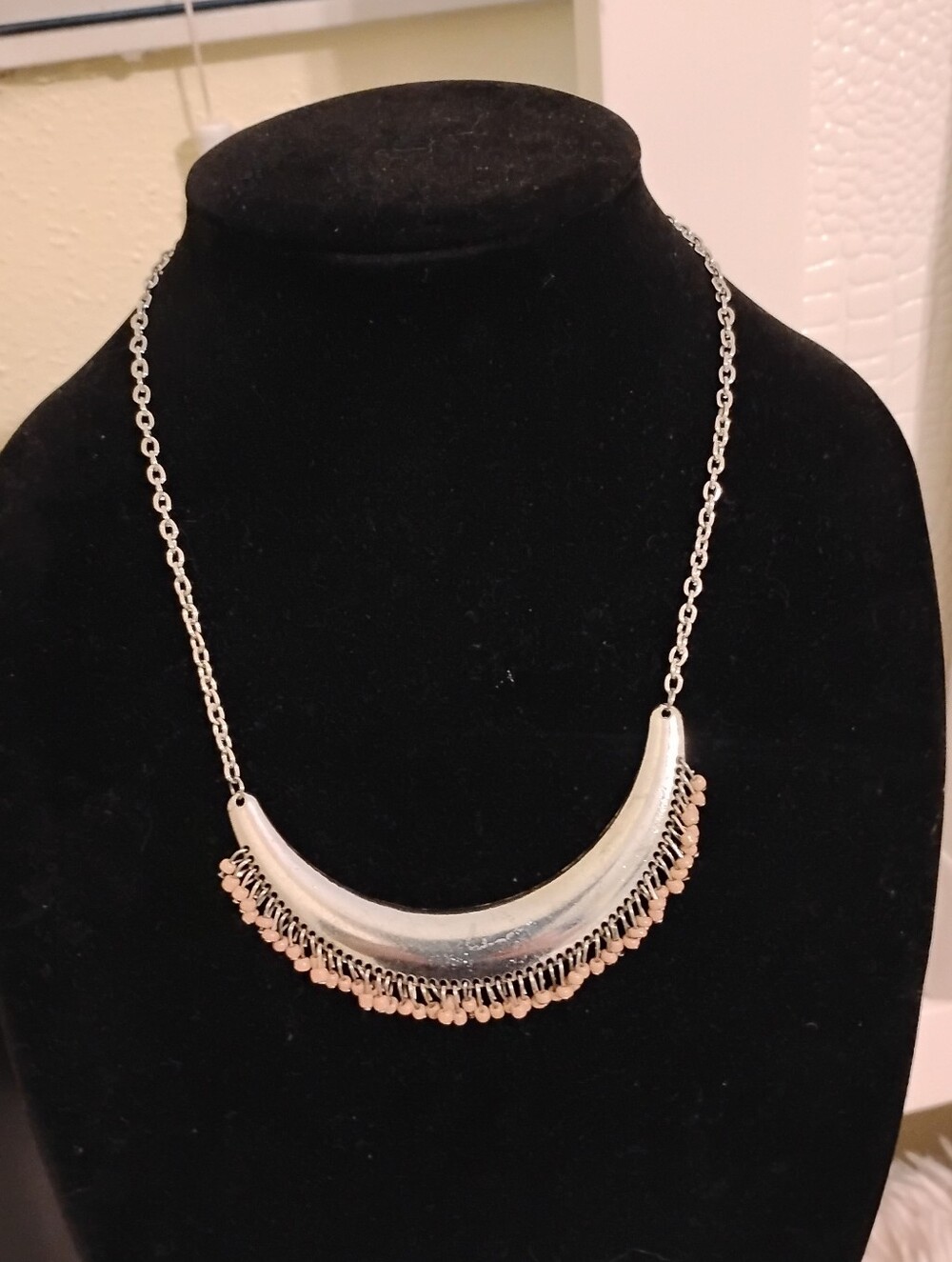 Women's Silver Crescent Necklace with Rose Gold Accents